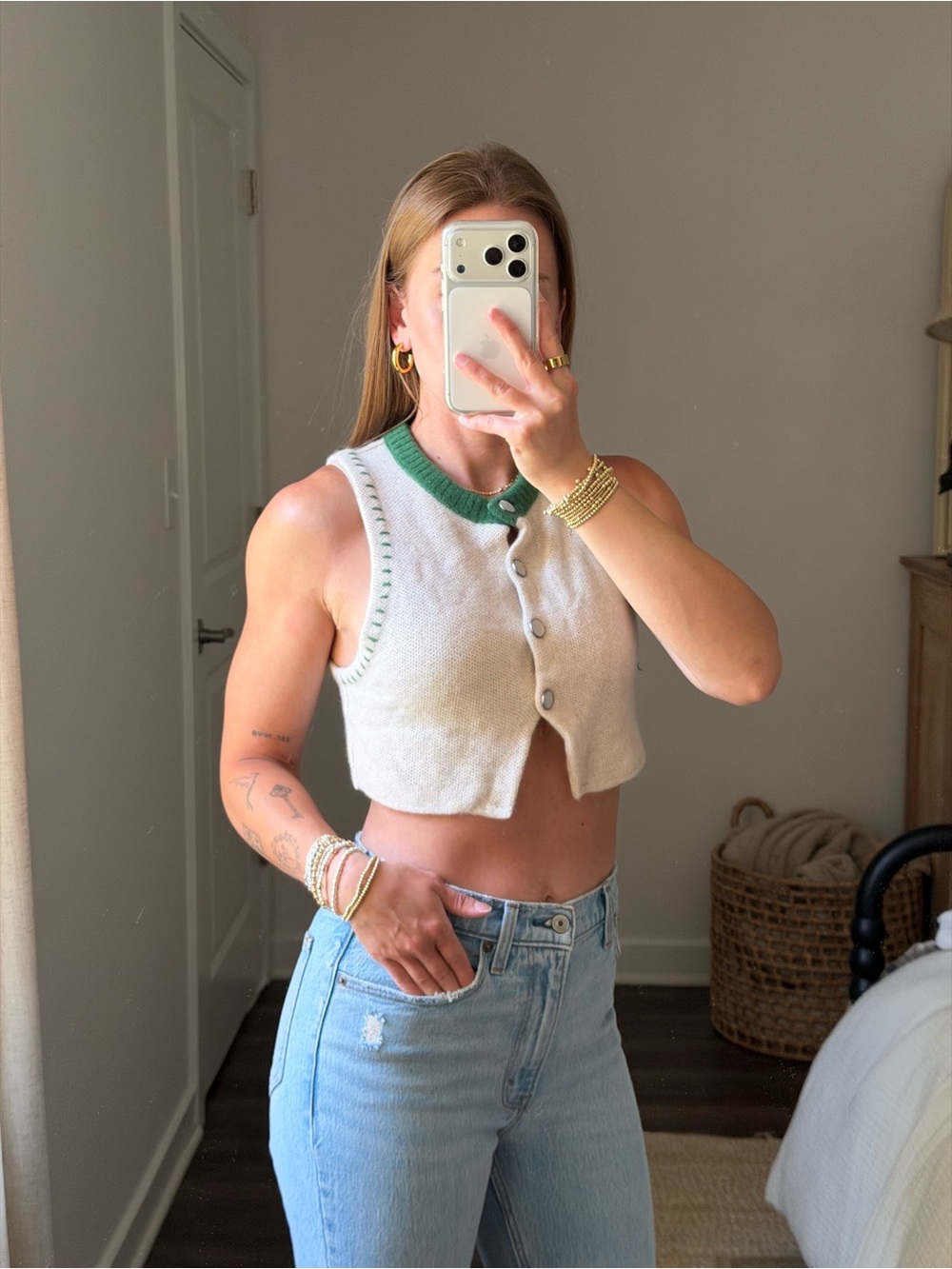 Free People Cream Cropped Knit Tank with Green Trim